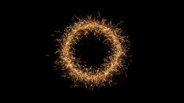 Glowing gold sparkler particles fiery round wreath open black. title frames, cinematic intros, victory announcements, Christmas edits, anniversary stage graphics, premium branding, light effects.