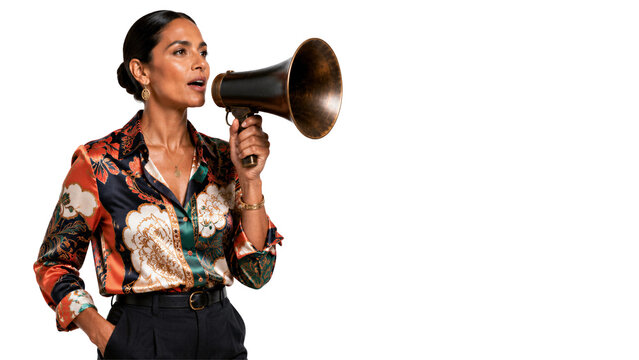 Woman holding megaphone and speaking into it. Business announcement, protest rally, public speaker, communication.