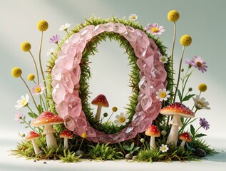 Naklejka premium Letter O formed by moss, pink crystals, and forest plants. Tiny red mushrooms and daisies surround the natural alphabet symbol. Whimsical, organic letter art for fantasy themes.