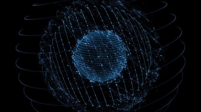 Futuristic blue particle globe networks, luminous nodes, flowing digital connections. generative intelligence, automation, cyber security, financial technology, data transfer, research, innovation