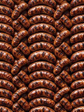 Savory grilled sausages create a dense pattern and crispy texture in a potrait layout for food service branding, restaurant menus, and BBQ marketing campaigns.