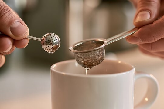 Tea Strainer in Action: Pouring Loose Leaf Tea into Mug