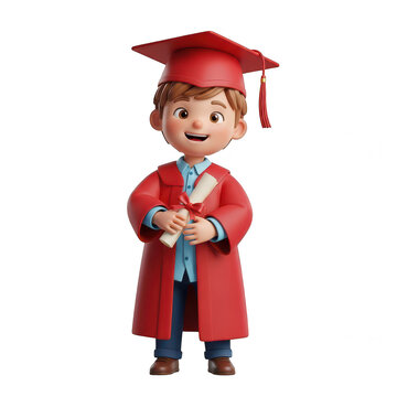 Happy boy in graduation robe holding a diploma scroll isolated on transparent background