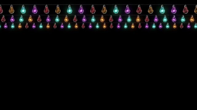 Pink, purple, blue, green, orange bulbs hang in festive garlands open background. Diwali New Year promotions, carnival events, cafe advertising, concert graphics, street festivals, party designs.