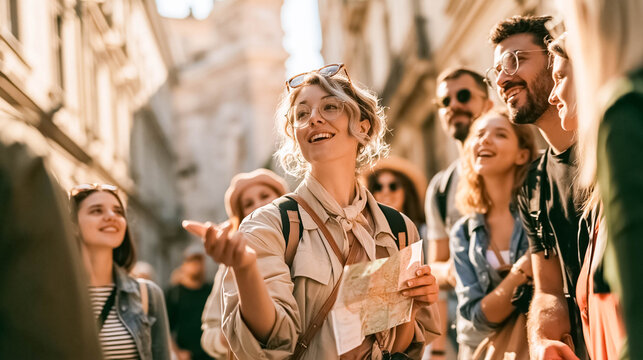 Friendly female tour guide showing a city to a diverse group of tourists during a guided sightseeing tour in a historic European city