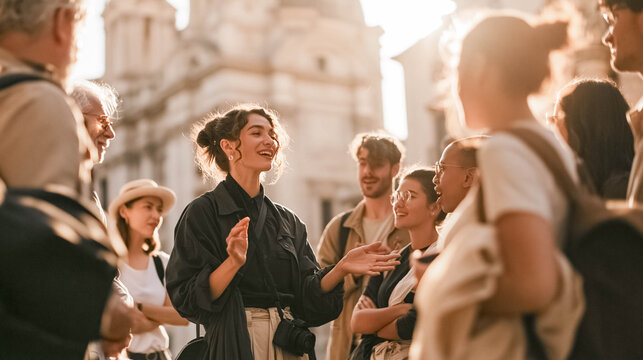Smiling female tour guide speaking with a diverse group of tourists during a sunny outdoor city sightseeing tour