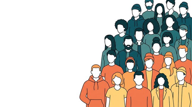 Diverse group of people standing together creating a large crowd illustration with copy space area with against white background