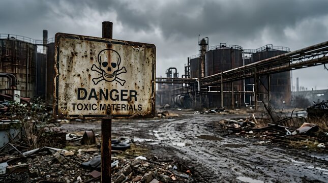 Rusty toxic materials danger sign at abandoned industrial plant under a stormy sky