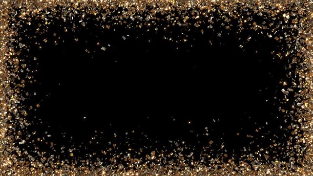 Shimmering gold, silver, bronze foil particles form an elegant border dark center. trophy reveals, gala promotions, corporate milestones, holiday cards, stage graphics, success party invitations.