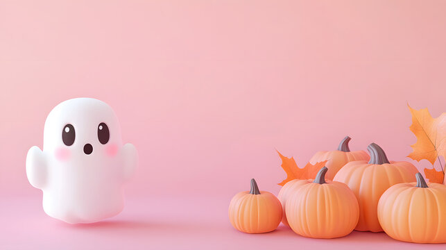 A sad ghost near pumpkins on a soft pink background