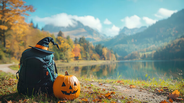 A Halloween pumpkin near a camping tent against a backdrop of autumn forest and mountains