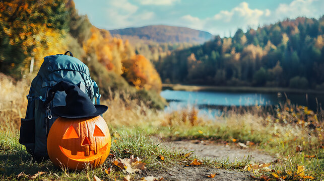 A Halloween pumpkin near a camping tent against a backdrop of autumn forest and mountains