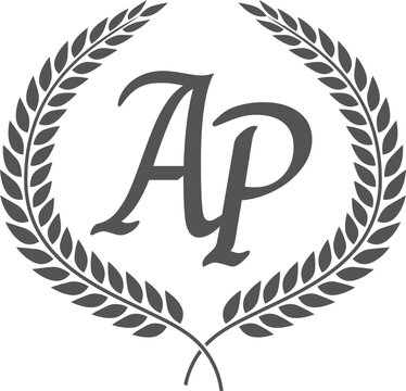 Initial letter A and P, AP monogram logo design with laurel wreath. Luxury calligraphy font.
