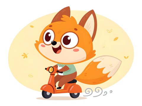 Orange cartoon fox riding a mini scooter