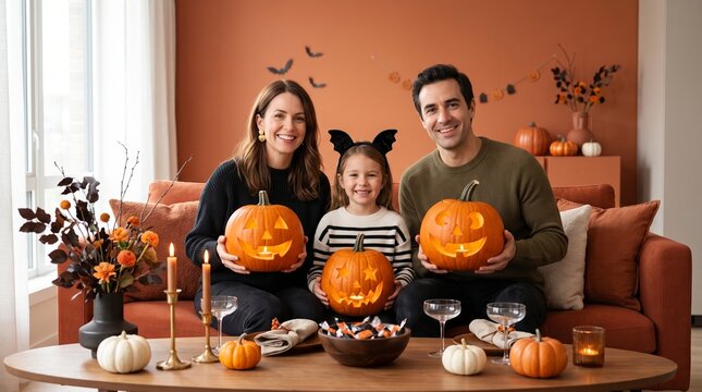 Happy family with jack-o'-lanterns during Halloween celebration at home