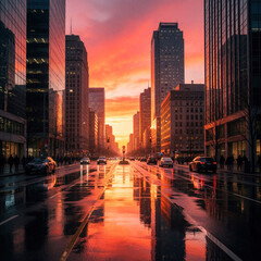 Naklejka premium City street glows with fiery sunset reflecting on wet pavement. Tall modern buildings line the road as cars drive by. Dusk light creates vibrant orange and pink sky.