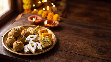 Fototapeta premium Traditional Indian Sweets Served for Festive Celebration