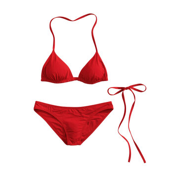 Red bikini swimsuits on a white background for summer swimwear collection display and marketing purposes