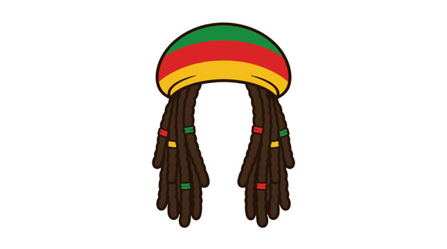 Vibrant vector illustration depicting colorful dreadlocks hairstyle featuring a traditional rasta beanie cap for graphic projects
