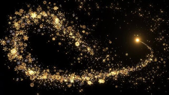 radiant comet draws snowflakes, sparkles, luminous dust scene. festive openers, December events, winter sales, greeting cards, Christmas reveals, premium advertising, enchanting holiday backgrounds.