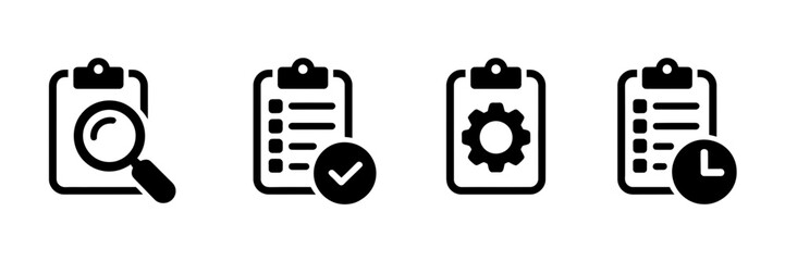 Fototapeta premium Checklist, icons set, checkmark lists, gear symbols, magnifying glass inspection signs, verification marks, audit documents, and task management elements for business applications.