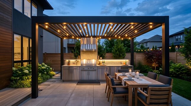 Modern Outdoor Kitchen and Dining Area with Pergola and Warm Evening String Lighting