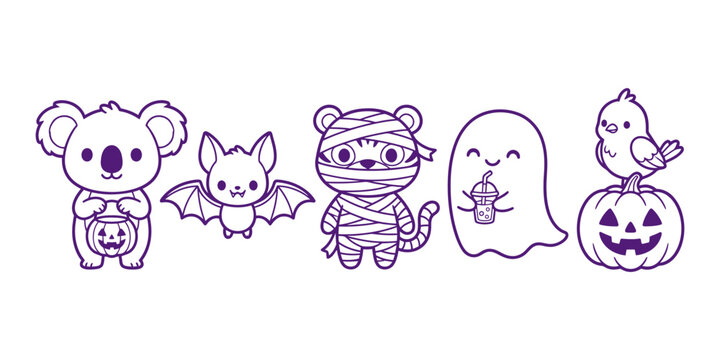 Kawaii halloween animal characters outline collection featuring koala bat mummy tiger ghost and bird on pumpkin for coloring and crafts.