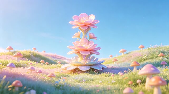 3D fantasy pink lotus flower blooming in vibrant magical forest with glowing sunlight and misty mountains