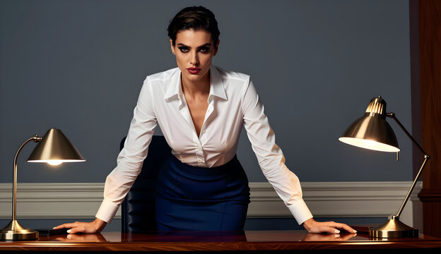 Wide shot of a highly attractive woman in a white poplin shirt leaning over a mahogany office desk.