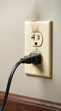 Close up of damaged wall outlet with burnt scorch marks and cracked socket faceplate. Black power cord plug inserted into overloaded electrical wall receptacle posing home safety hazard