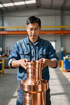 Waist-up shot of a warehouse worker inspecting a shiny copper pipe fitting.