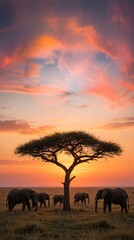 Fototapeta premium Herd of elephants walk across savanna plain under acacia tree at sunset. Colorful sky with clouds forms stunning backdrop. Wildlife migrate on african grassland during golden hour.