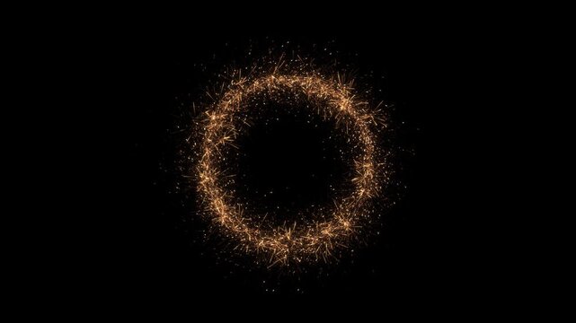 Bright gold sparks glowing embers dynamic round frame dark background. firework reveals, anniversary greetings, gala openings, party premium advertising, victory titles, magical effects, motion