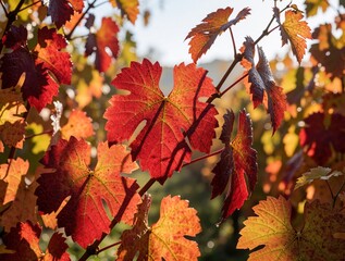 Naklejka premium Autumn grape leaves in bright red and orange hues. Water droplets on foliage, illuminated by sunlight. Vine branches against a soft green bokeh background.