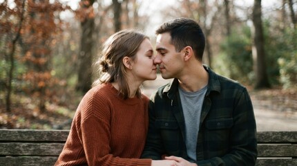 Fototapeta premium Young couple leaning in for a kiss on a park bench. Man and woman sharing an intimate moment outdoors in autumn. Romance and dating concept