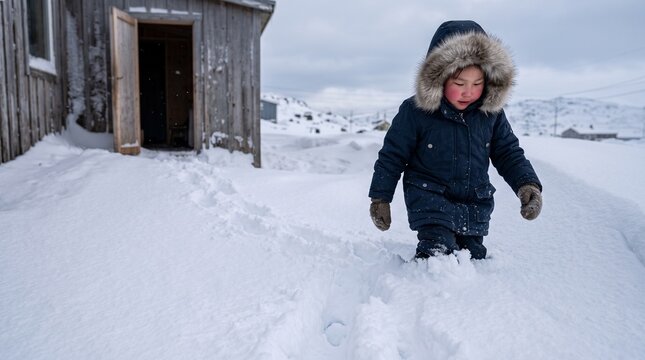 Indigenous Girl Stepping Into Snow Wearing Seal Skin Mukluk Boots
