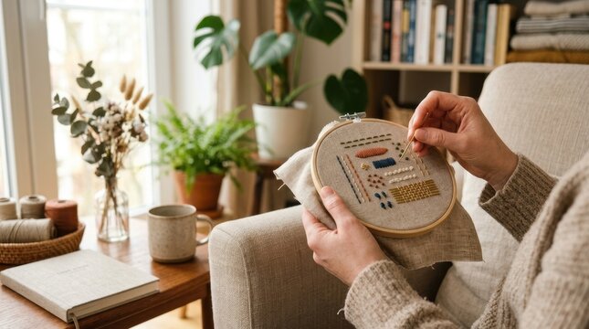 Person stitching an abstract needlework sampler in an embroidery hoop. Cozy home hobby scene with plants and a cup of coffee