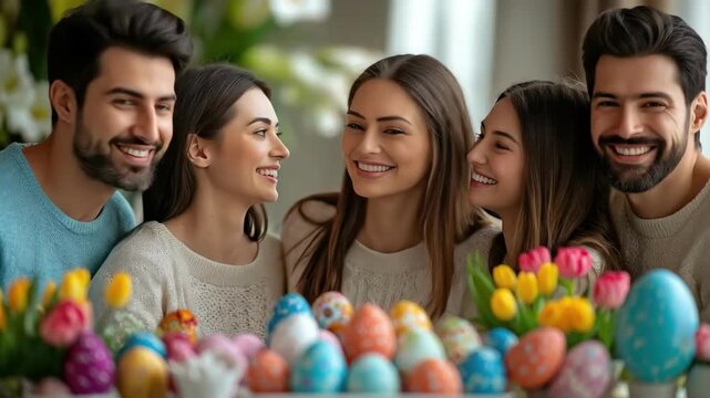 Group of young caucasian adults celebrating easter with painted eggs and tulips. Easter, Pascha, Paskha, Ostern, Pascua, Paques - Orthodox and Catholic Holiday celebration