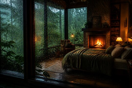 Cozy bedroom with fireplace and rain soaked window view