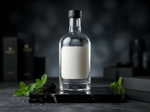 Clear glass gin bottle with blank label and fresh mint leaves