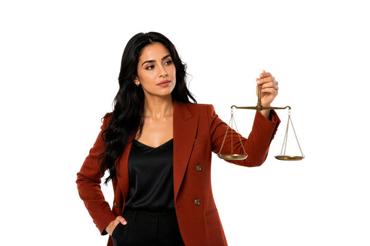Woman in business suit holding scales of justice. Legal profession, law firm, courtroom, fairness, balance.