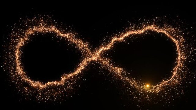 A glowing ribbon of gold embers crosses at center infinity shape on black. eternal love themes, wedding graphics, spiritual visuals, award openings, logo animation, premium branding, cinematic effects