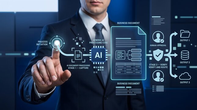 Businessman interacting with AI workflow diagram for document processing