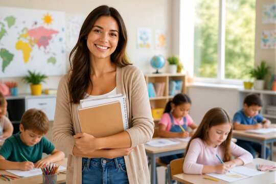 Female teacher smiling while holding books in classroom