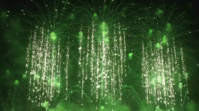 Vibrant green fireworks exploding against night sky. Saint Patrick's Day, St Paddy's Day, St Patty's Day - Irish National Holiday and Cultural Celebration