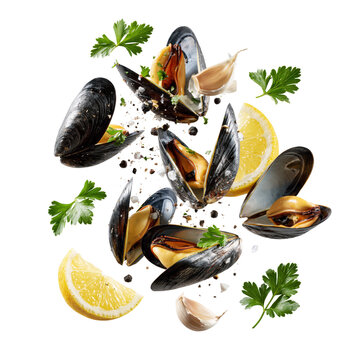 Open chilean mussels Mytilus chilensis L flying with herbs garlic and lemon slices in midair