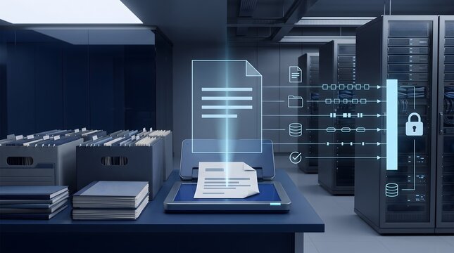 Digital data flow from paper documents to secure server racks