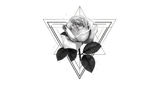 Beautiful monochromatic rose flower illustration featuring intricate line art details set against sharp geometric triangles on a clean white background