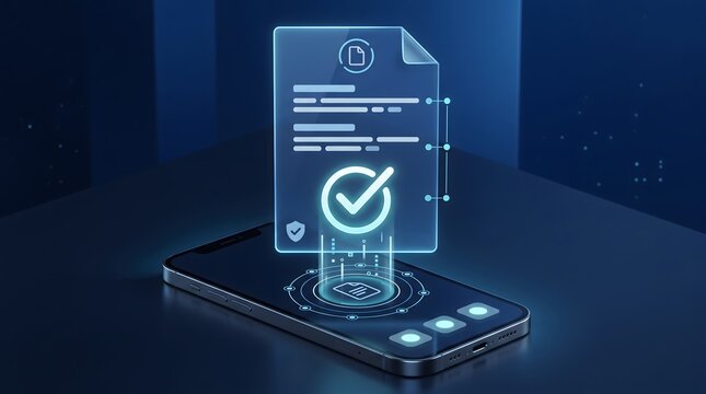 Digital contract verification on smartphone screen with glowing checkmark