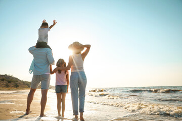 Fototapeta premium Family on sandy beach near sea, back view